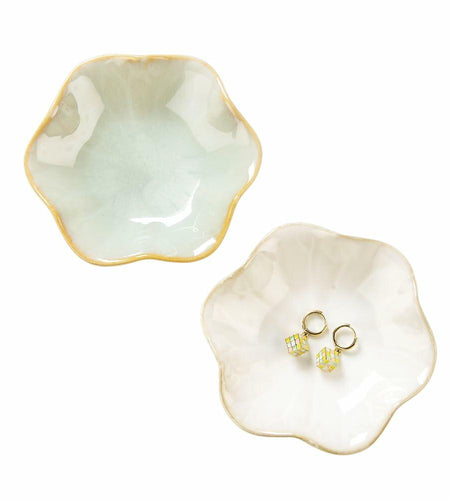 2PCS Lotus Leaf Ring Holder Dish Ceramic Trinket Tray White Light Green