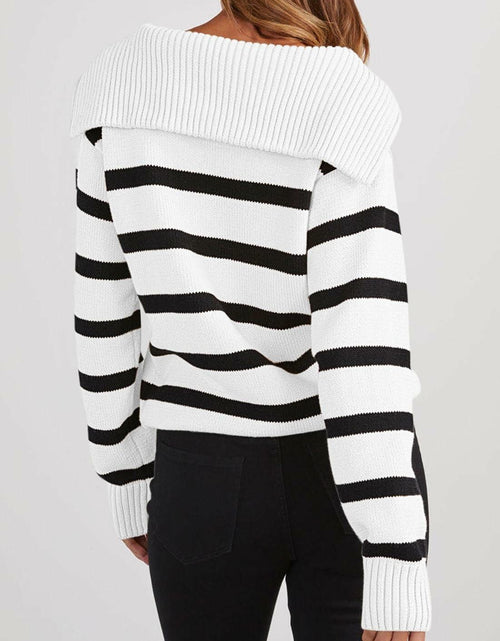 Load image into Gallery viewer, Pink Queen Autumn Striped Knitted Sweater White Stripe Pullover Size L
