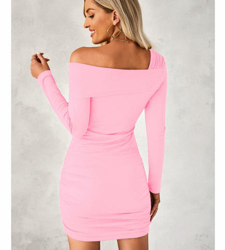 luvamia Womens One Shoulder Ruched Bodycon Dress Pink XL Size 16-18