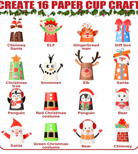 ZOIIWA Christmas Craft DIY Kit 16 Pack Paper Cups Xmas Holiday Supplies