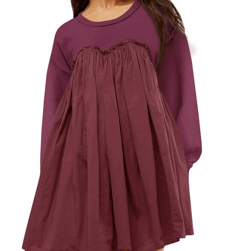 Wenrine Womens Long Sleeve Sweatshirt Dress Patchwork Wine Red S
