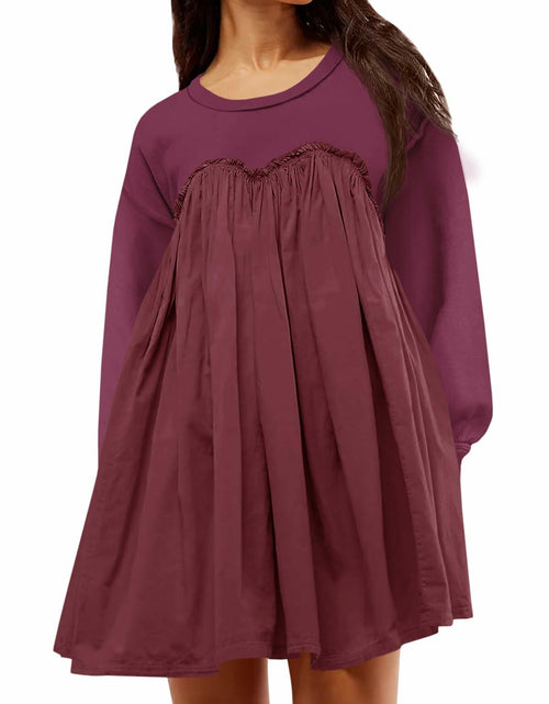 Load image into Gallery viewer, Wenrine Womens Long Sleeve Sweatshirt Dress Patchwork Wine Red S

