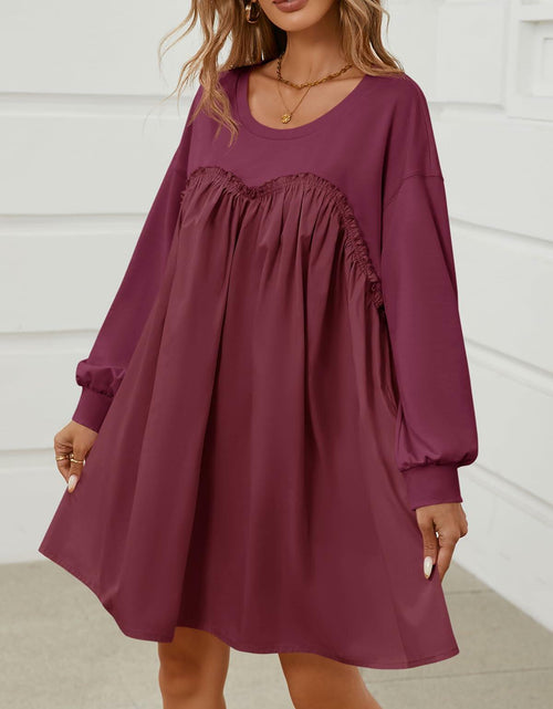 Load image into Gallery viewer, Wenrine Womens Long Sleeve Sweatshirt Dress Patchwork Wine Red S
