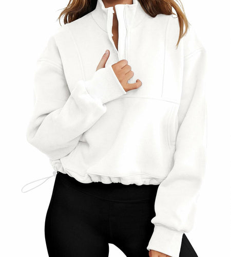 Womens Half Zip Pullover Sweatshirt White Fleece Crop Top with Pocket Size XL