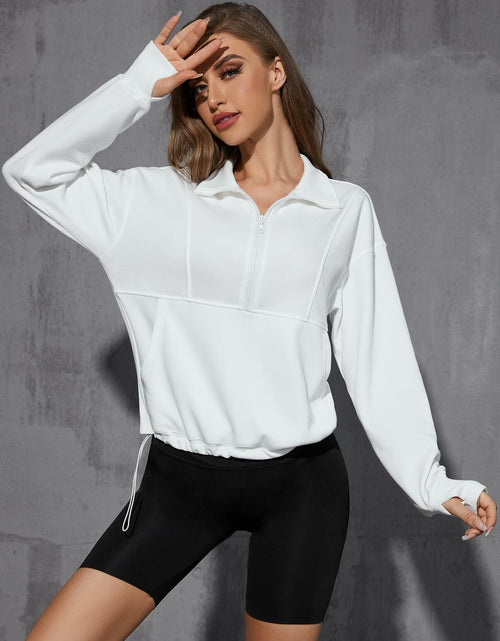 Load image into Gallery viewer, Womens Half Zip Pullover Sweatshirt White Fleece Crop Top with Pocket Size XL
