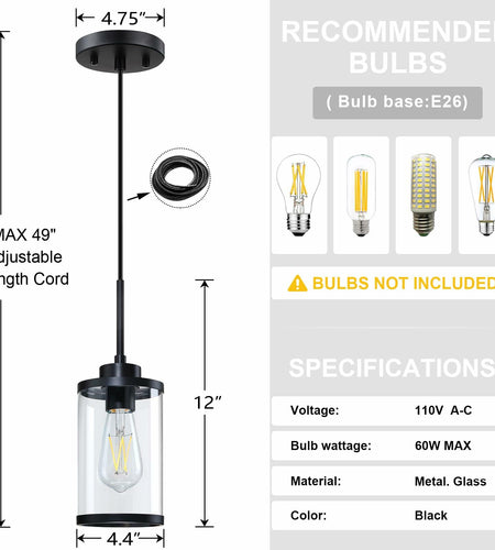 [Like New] RAINLIGHTING 3 Pack Industrial Kitchen Island Pendant Lights Black Clear Grey