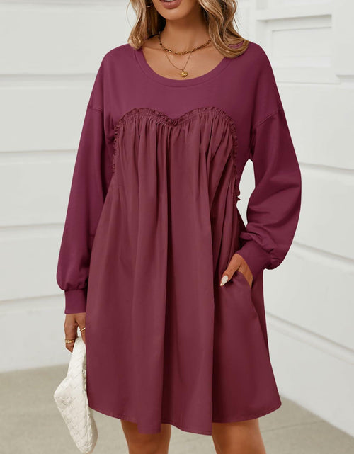 Load image into Gallery viewer, Wenrine Womens Long Sleeve Sweatshirt Dress Patchwork Wine Red S
