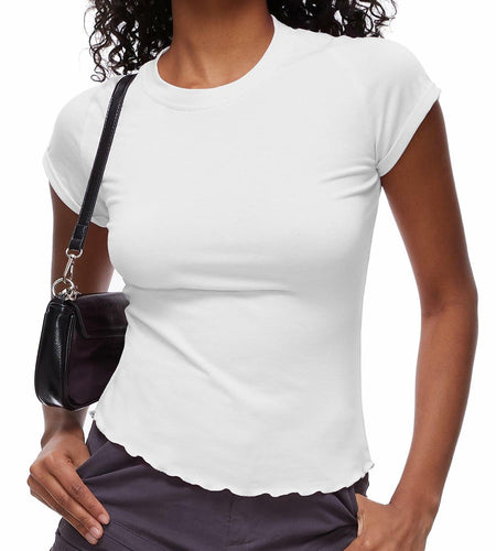 Women's Casual Crop Top T Shirt White Size L Summer Short Sleeve Crewneck