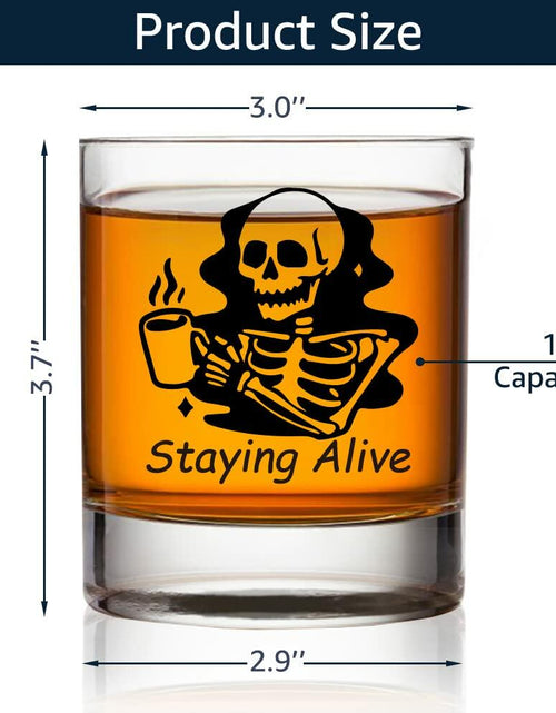 Load image into Gallery viewer, TOUNER Staying Alive Skull Whiskey Glass Clear 10oz Halloween Barware
