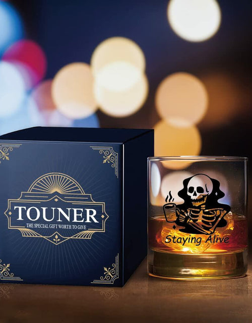 Load image into Gallery viewer, TOUNER Staying Alive Skull Whiskey Glass Clear 10oz Halloween Barware
