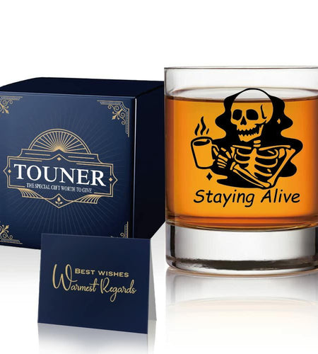 TOUNER Staying Alive Skull Whiskey Glass Clear 10oz Halloween Barware