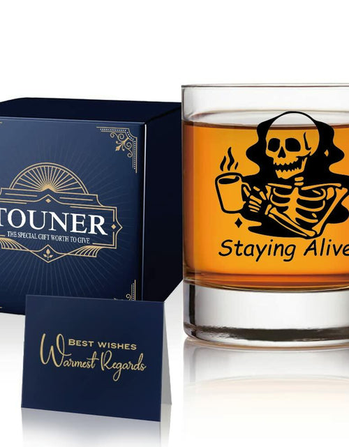 Load image into Gallery viewer, TOUNER Staying Alive Skull Whiskey Glass Clear 10oz Halloween Barware

