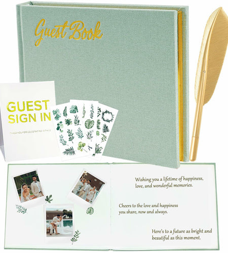 4 in 1 Wedding Guest Book Linen Cover with Pen, Sign Card & Stickers White
