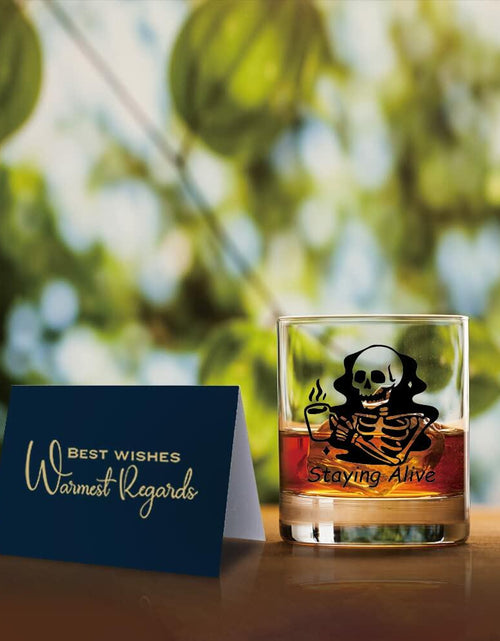 Load image into Gallery viewer, TOUNER Staying Alive Skull Whiskey Glass Clear 10oz Halloween Barware
