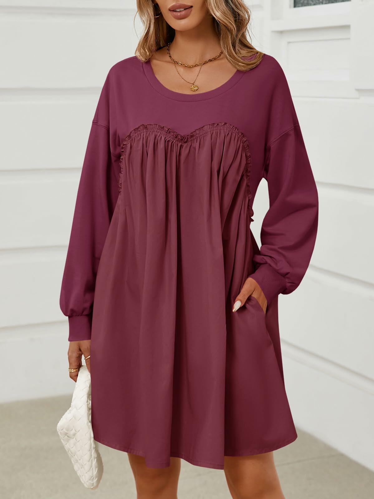 Wenrine Womens Long Sleeve Sweatshirt Dress Patchwork Wine Red, Large