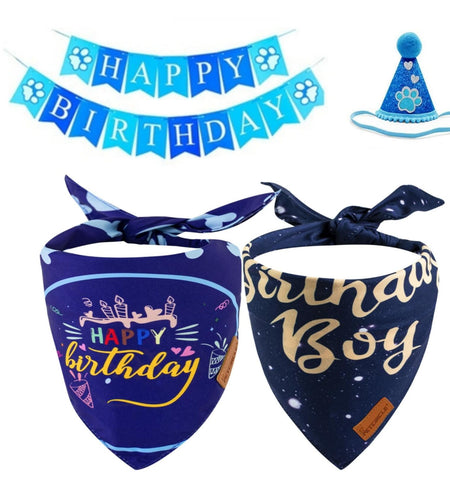 Dog Birthday Party Hats Bandana Double Layer Fabric Large Blue Size L