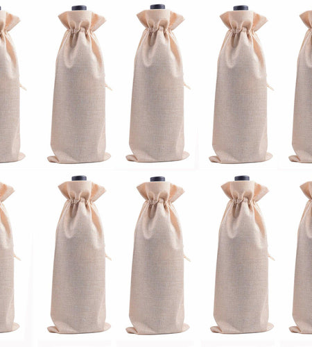 Viamto Burlap Wine Bags Drawstring Lining Beige 15x35cm 10pcs