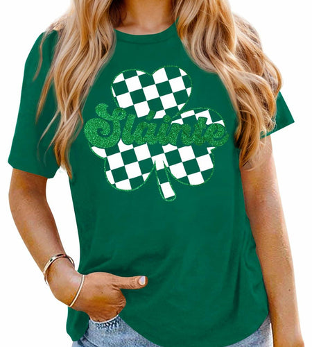 Women's St Patricks Holiday Loose Fit Irish Clover Glitter Crewneck Shirt XL