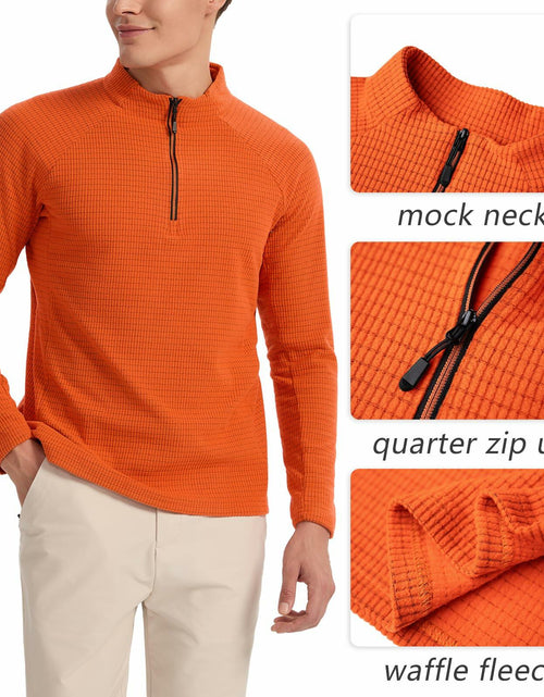 Load image into Gallery viewer, Men's Waffle Quarter Zip Pullover Shirt Mock Neck Sweatshirt Orange Size M
