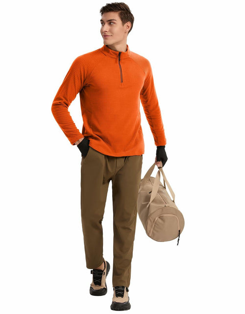 Load image into Gallery viewer, Men's Waffle Quarter Zip Pullover Shirt Mock Neck Sweatshirt Orange Size M
