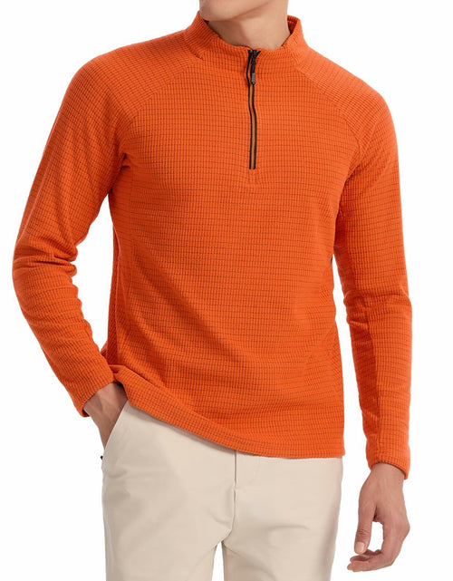 Load image into Gallery viewer, Men's Waffle Quarter Zip Pullover Shirt Mock Neck Sweatshirt Orange Size M
