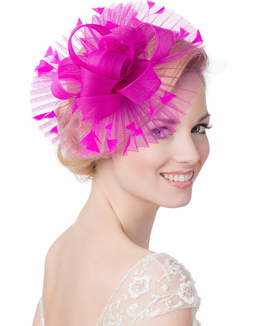 Load image into Gallery viewer, Kidukso Fascinator Hat Women Derby Feather Mesh Headband Rose Red
