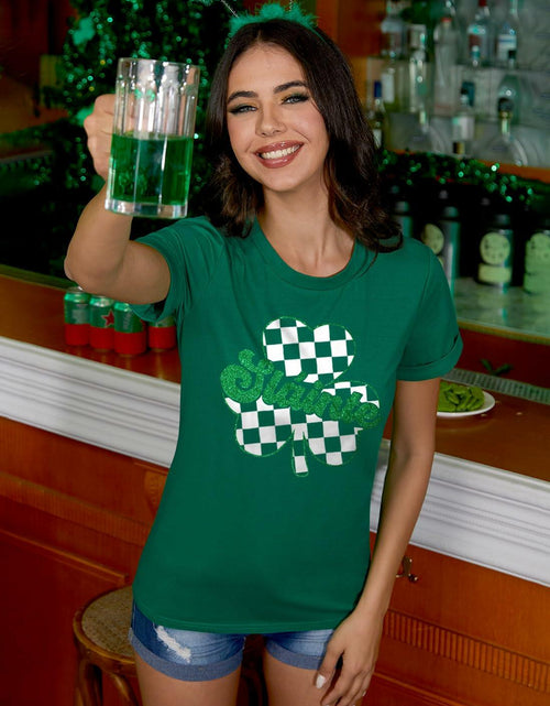 Load image into Gallery viewer, Women's St Patricks Holiday Loose Fit Irish Clover Glitter Crewneck Shirt XL
