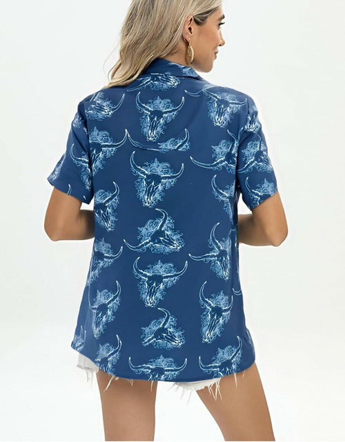 Load image into Gallery viewer, Cow Skull Shirt Women Vintage Western Boho Graphic Tee Short Sleeve Blue M
