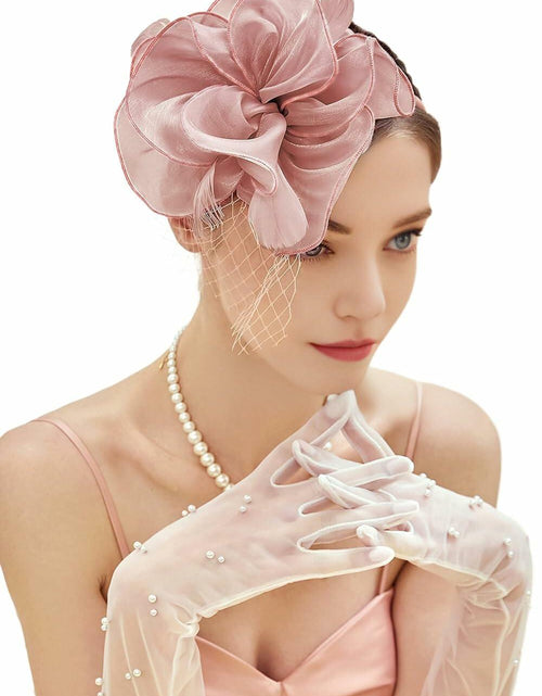Load image into Gallery viewer, SHUERIET Women Feather Veil Floral Headband Hat Deep Pink
