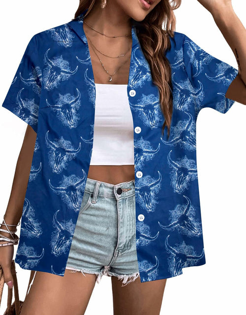 Load image into Gallery viewer, Cow Skull Shirt Women Vintage Western Boho Graphic Tee Short Sleeve Blue M
