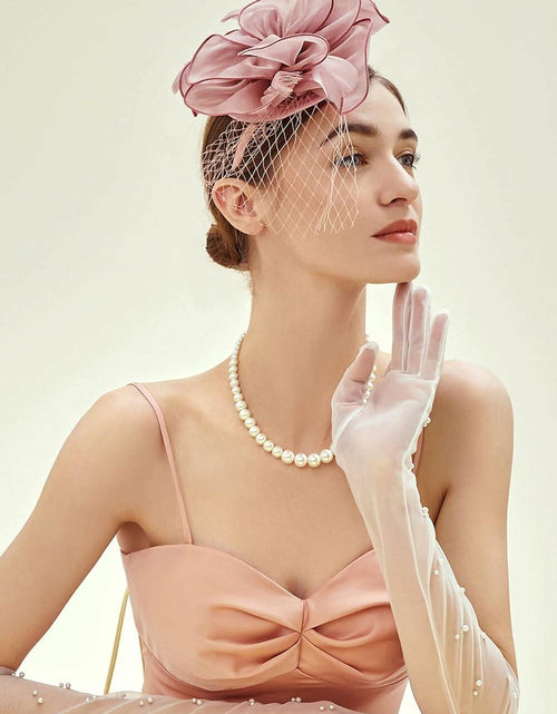 Load image into Gallery viewer, SHUERIET Women Feather Veil Floral Headband Hat Deep Pink
