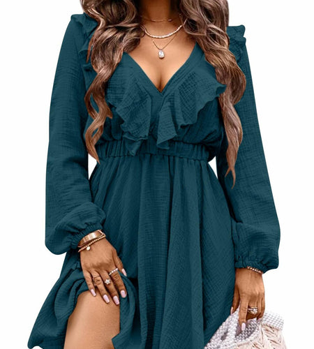 Women Autumn A Line V Neck Long Sleeve Textured Waistband Dress Royal Size M