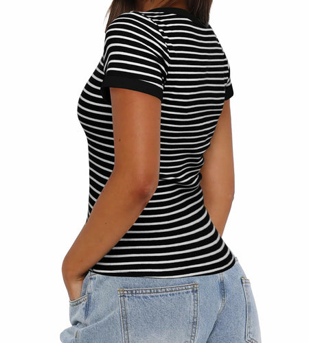 Darong Women Summer Striped Ribbed Knit Scoop Neck Tee Black White Size XS