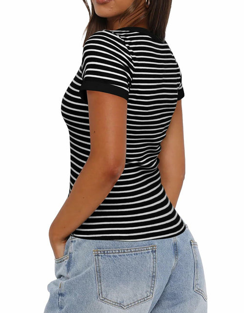 Load image into Gallery viewer, Darong Women Summer Striped Ribbed Knit Scoop Neck Tee Black White Size XS
