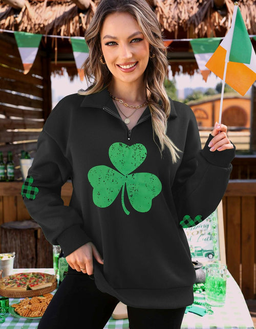 Load image into Gallery viewer, ALIREVERIE Womens St Patricks Clover Oversized Quarter Zipper Sweatshirt Size S
