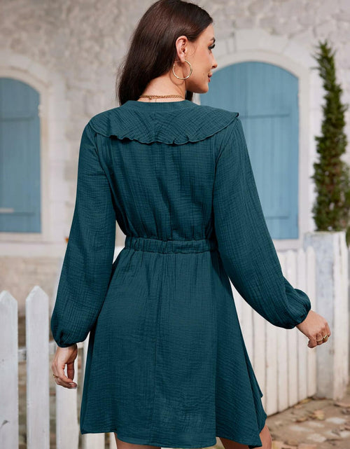 Load image into Gallery viewer, Women Autumn A Line V Neck Long Sleeve Textured Waistband Dress Royal Size M
