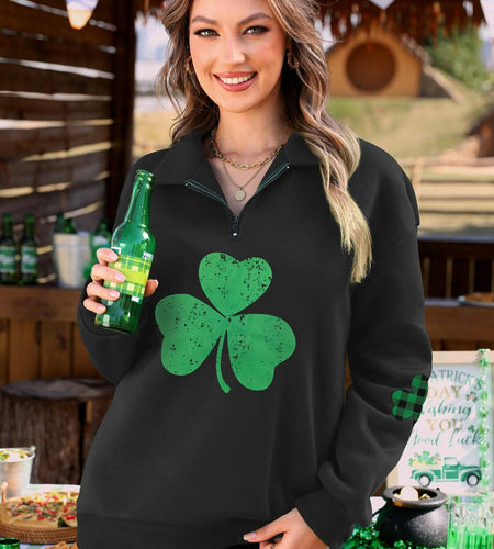 ALIREVERIE Womens St Patricks Clover Oversized Quarter Zipper Sweatshirt Size S