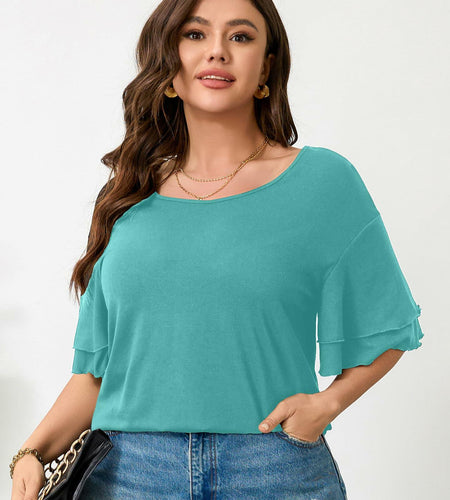 RWJ Women's Casual 3/4 Sleeve Crewneck Top Light Cyan Size L