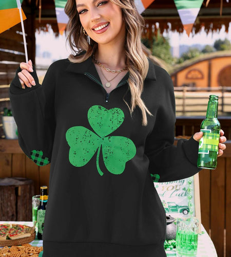 ALIREVERIE Womens St Patricks Clover Oversized Quarter Zipper Sweatshirt Size S