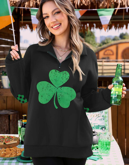 Load image into Gallery viewer, ALIREVERIE Womens St Patricks Clover Oversized Quarter Zipper Sweatshirt Size S
