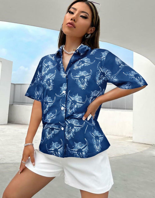 Load image into Gallery viewer, Cow Skull Shirt Women Vintage Western Boho Graphic Tee Short Sleeve Blue M
