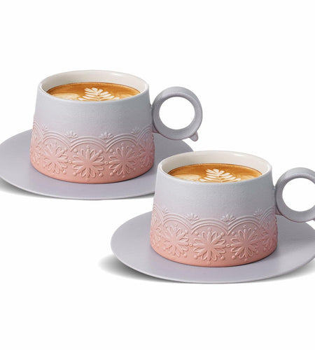 ZENS Ceramic Cappuccino Cups Set 2 Grey Pink 7.3oz Embossed Ceramic