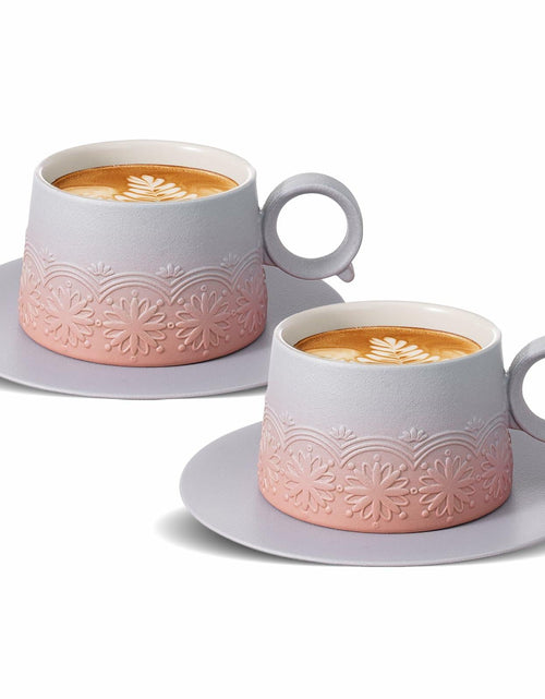 Load image into Gallery viewer, ZENS Ceramic Cappuccino Cups Set 2 Grey Pink 7.3oz Embossed Ceramic
