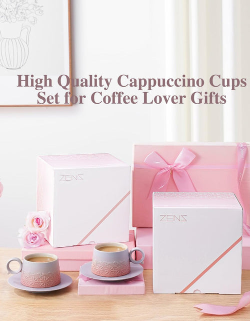 Load image into Gallery viewer, ZENS Ceramic Cappuccino Cups Set 2 Grey Pink 7.3oz Embossed Ceramic
