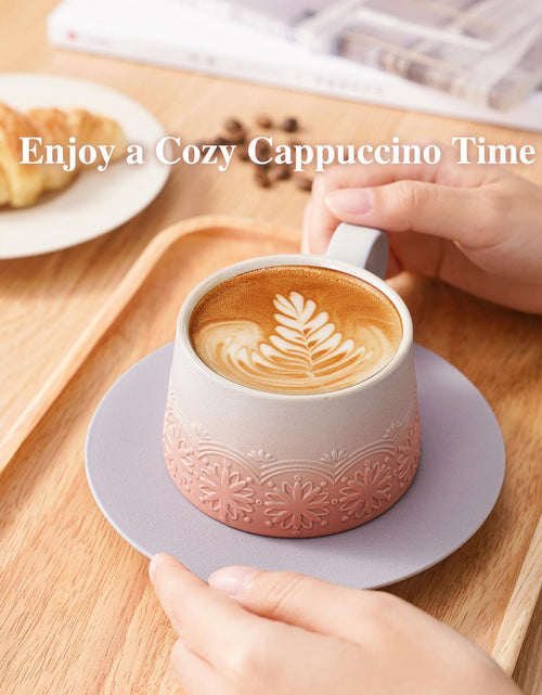 Load image into Gallery viewer, ZENS Ceramic Cappuccino Cups Set 2 Grey Pink 7.3oz Embossed Ceramic
