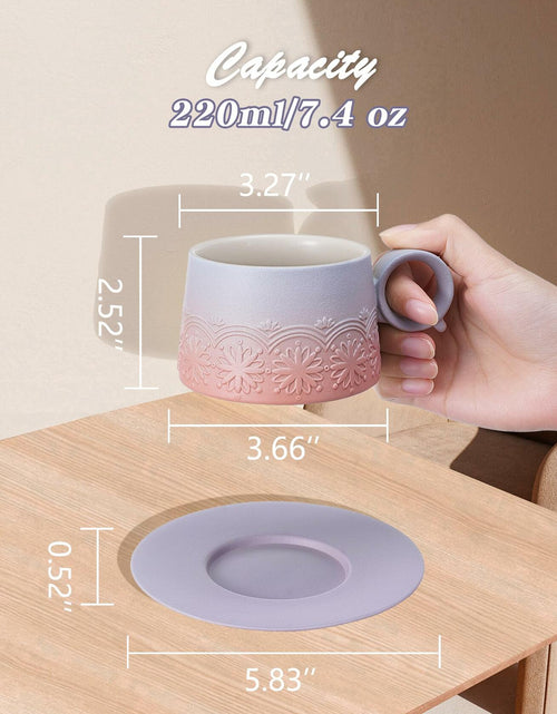 Load image into Gallery viewer, ZENS Ceramic Cappuccino Cups Set 2 Grey Pink 7.3oz Embossed Ceramic
