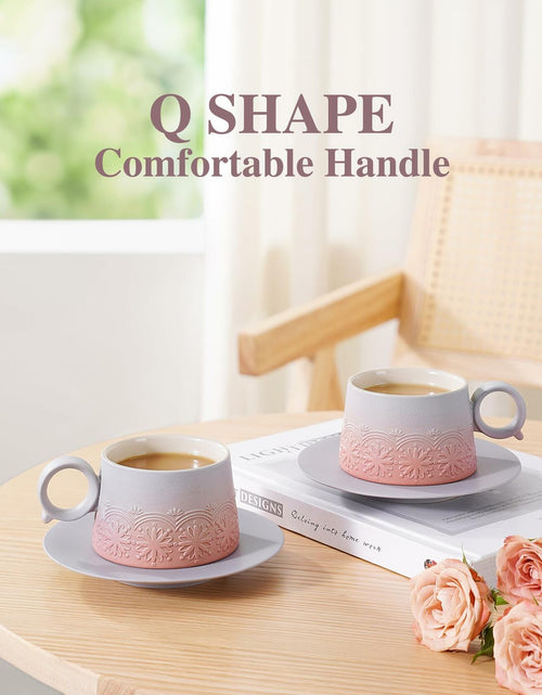 Load image into Gallery viewer, ZENS Ceramic Cappuccino Cups Set 2 Grey Pink 7.3oz Embossed Ceramic
