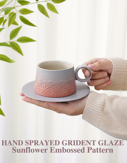 Load image into Gallery viewer, ZENS Ceramic Cappuccino Cups Set 2 Grey Pink 7.3oz Embossed Ceramic
