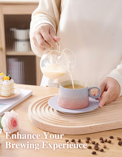 Load image into Gallery viewer, ZENS Ceramic Cappuccino Cups Set 2 Grey Pink 7.3oz Embossed Ceramic
