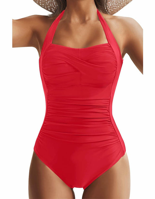 Load image into Gallery viewer, Tempt Me Women Red Tummy Control One Piece Push Up Swimsuit Halter Size 22W
